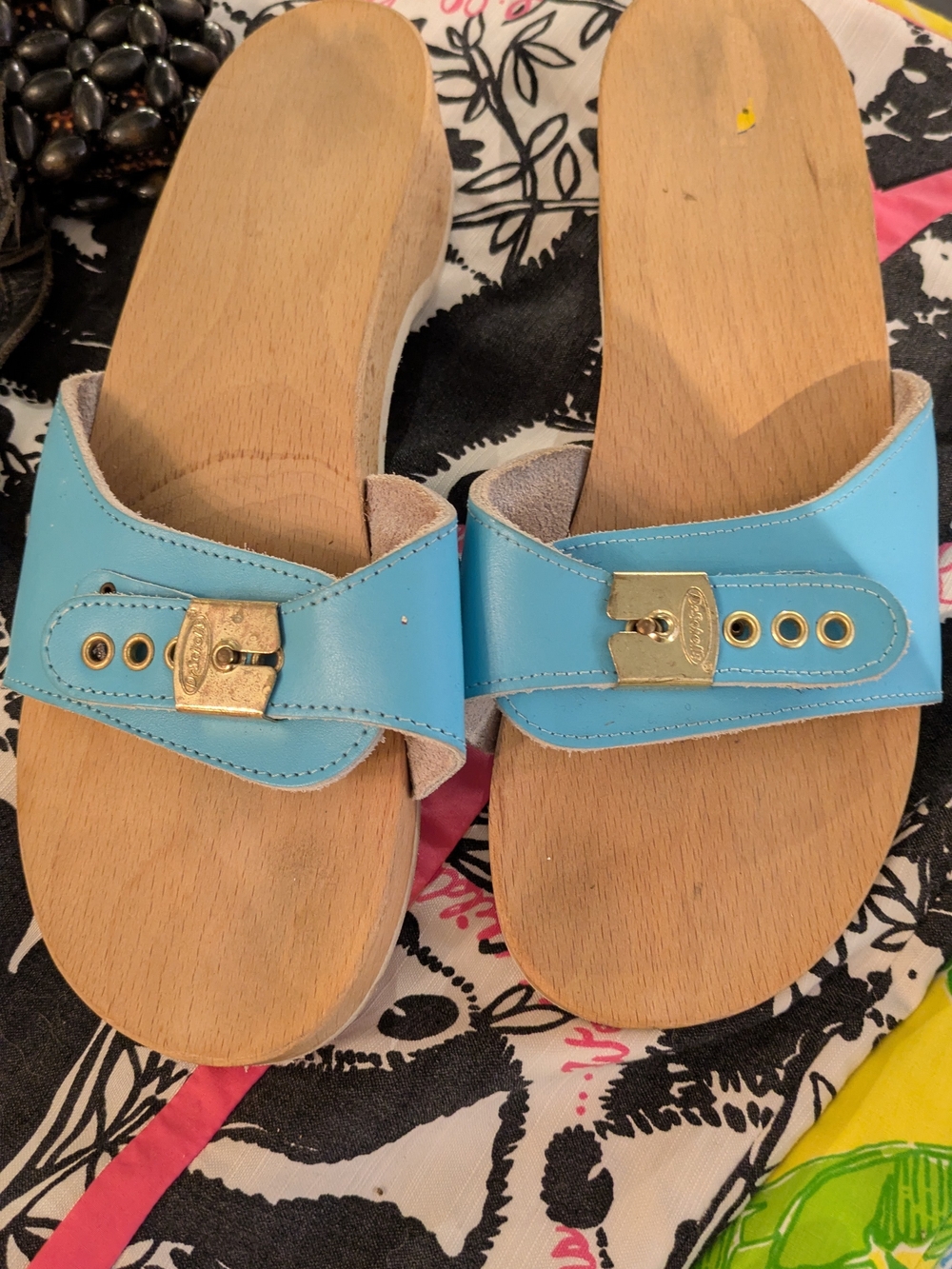 Dr Scholl's classic light blue leather slide sandals with logo gold buckle